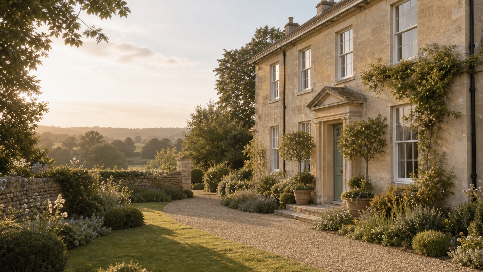 A Bath stone country house and garden approach in soft evening light.