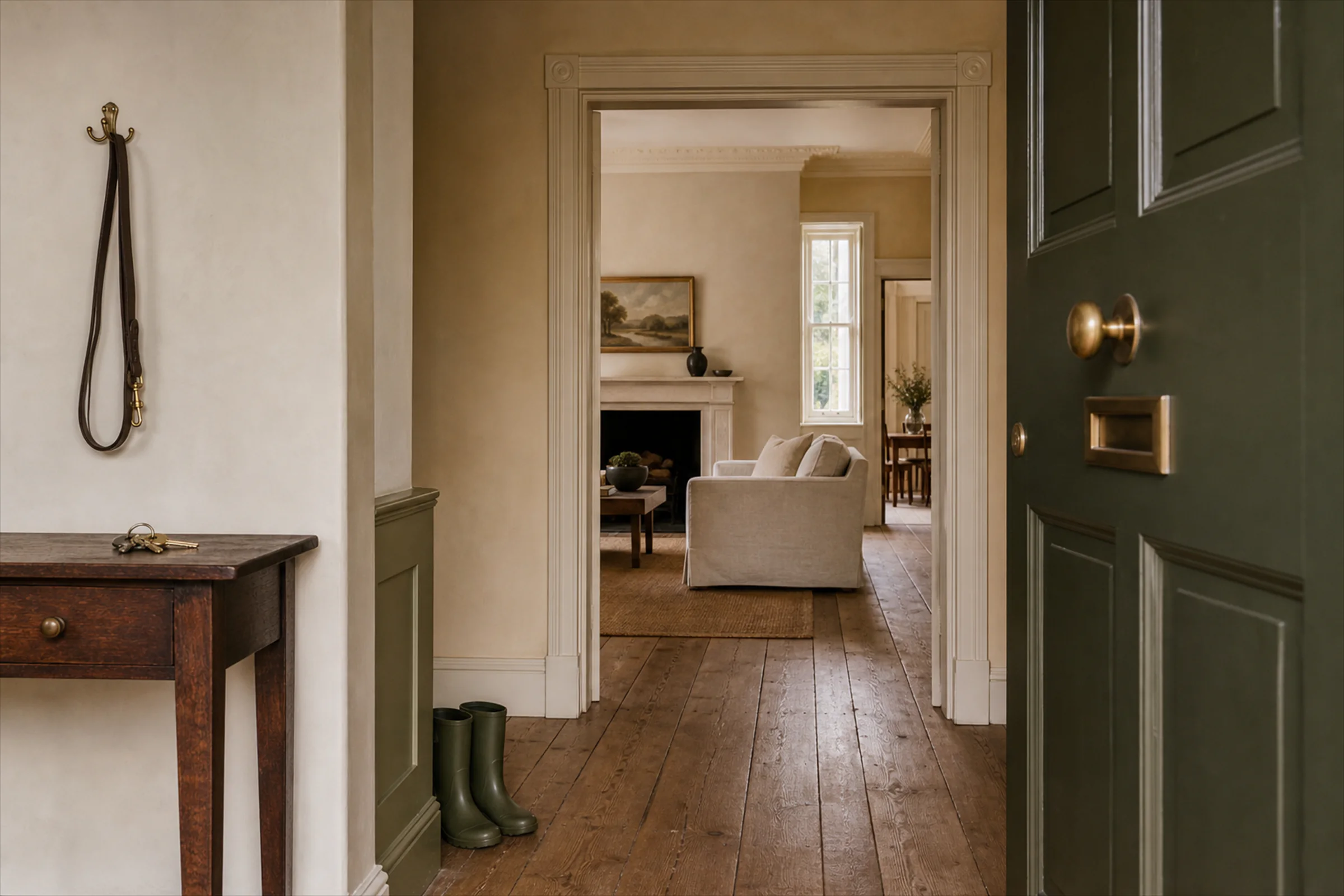 An open front door revealing a warm hallway and sitting room beyond