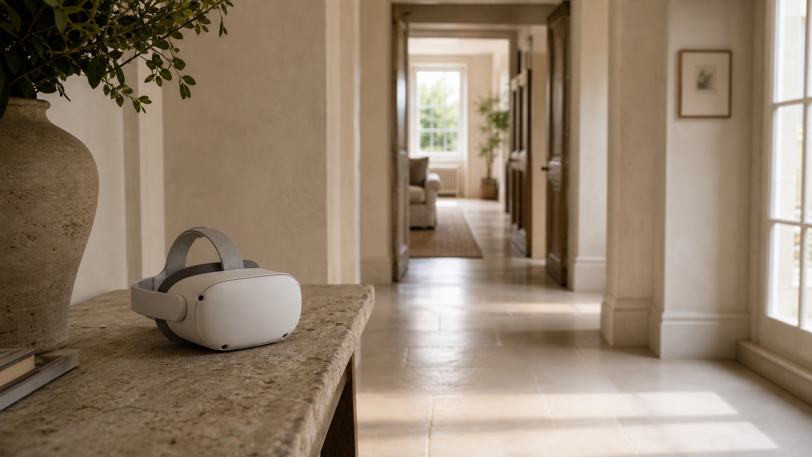 A VR headset on a stone console table in a refined UK home interior.